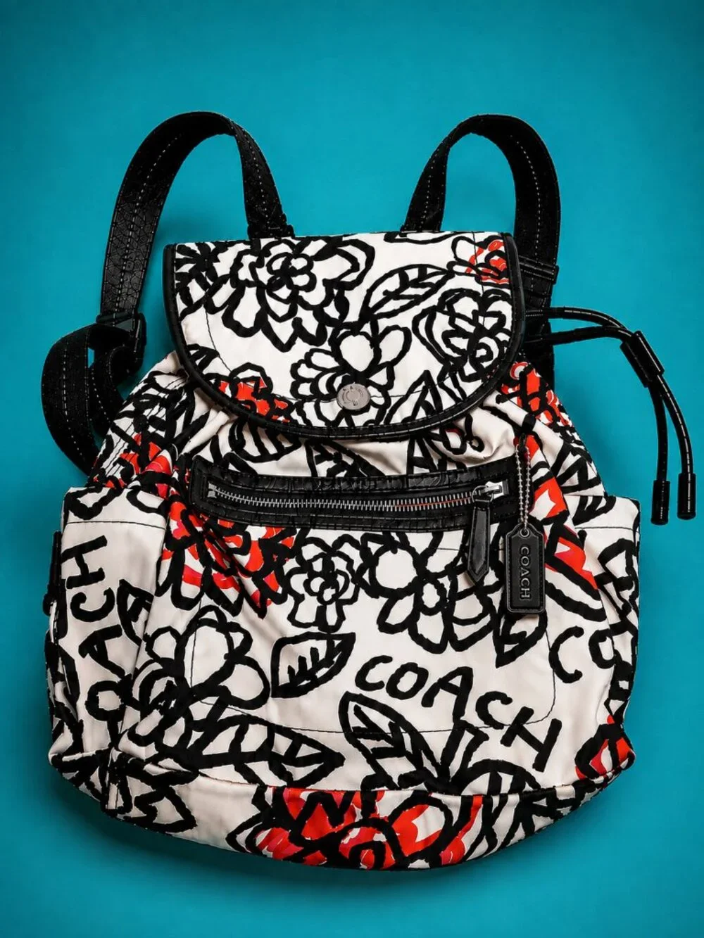 COACH POPPY Daisy Floral Graffiti Drawstring Backpack Bag with Original Hang Tag
